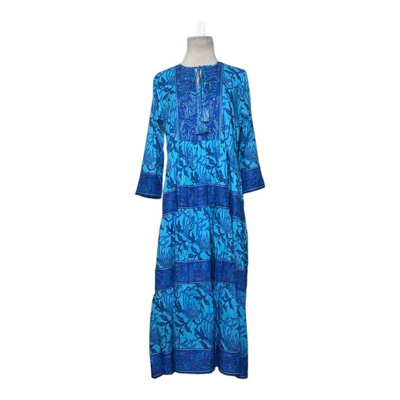 Bella Tu Blue Batik Floral Tier 3/4 Sleeves Boho Midi Dress size Small - Picture 14 of 16
